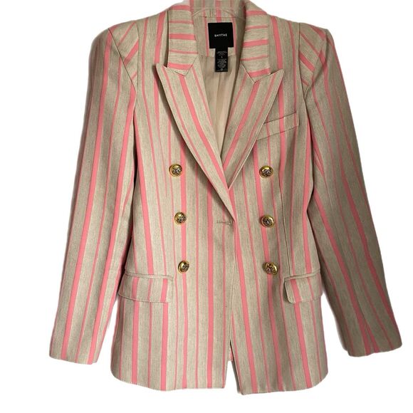 Smythe Linen Blend Blazer Sz 8 Striped Pink Double Breasted Gold Button Dressy - Picture 2 of 12